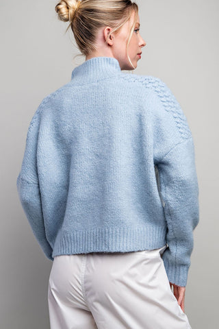 Pale Blue Textured Turtle Neck Sweater