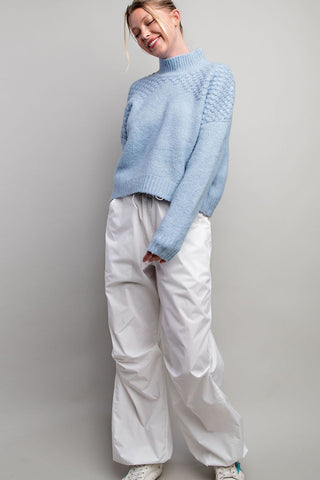 Pale Blue Textured Turtle Neck Sweater