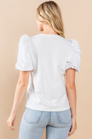 White Sequin Puff Sleeve Top